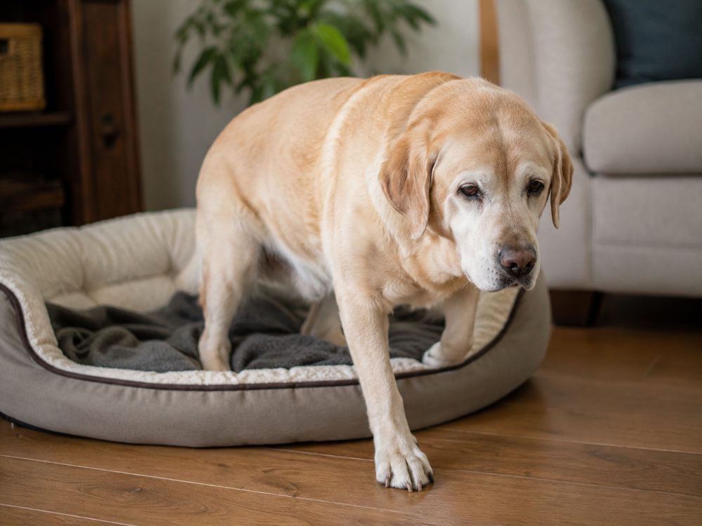 An older Labrador slowly getting up out of its bed