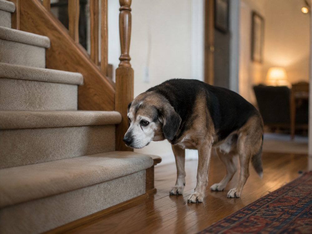 A senior dog hesitating at the bottom of a staircase