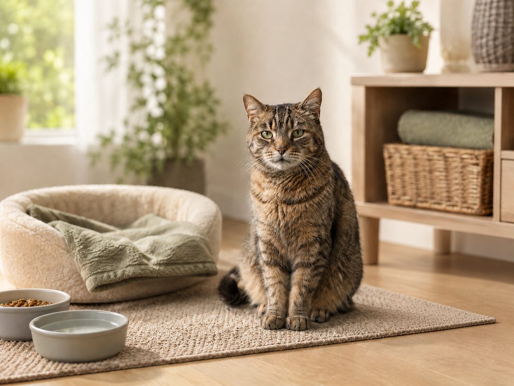 A senior tabby cat in a cosy home set-up with an easy-access bed, food, water and litter tray nearby