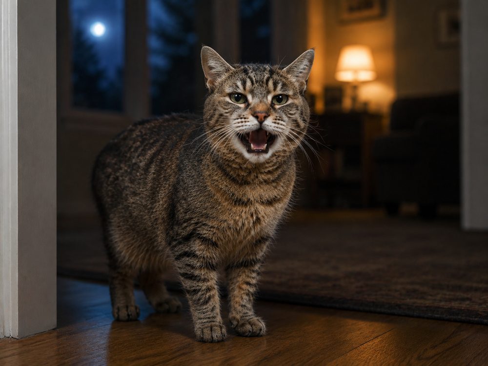 A senior tabby cat calling out at night in a lamplit room