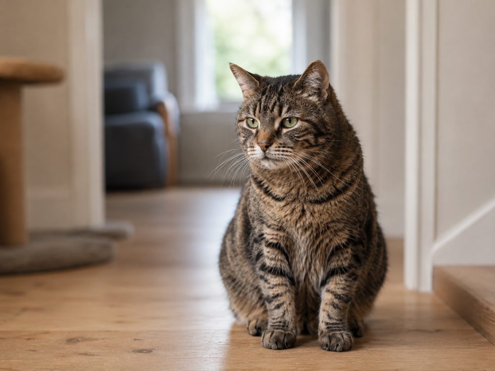 A senior tabby cat pausing and looking unsure in a hallway