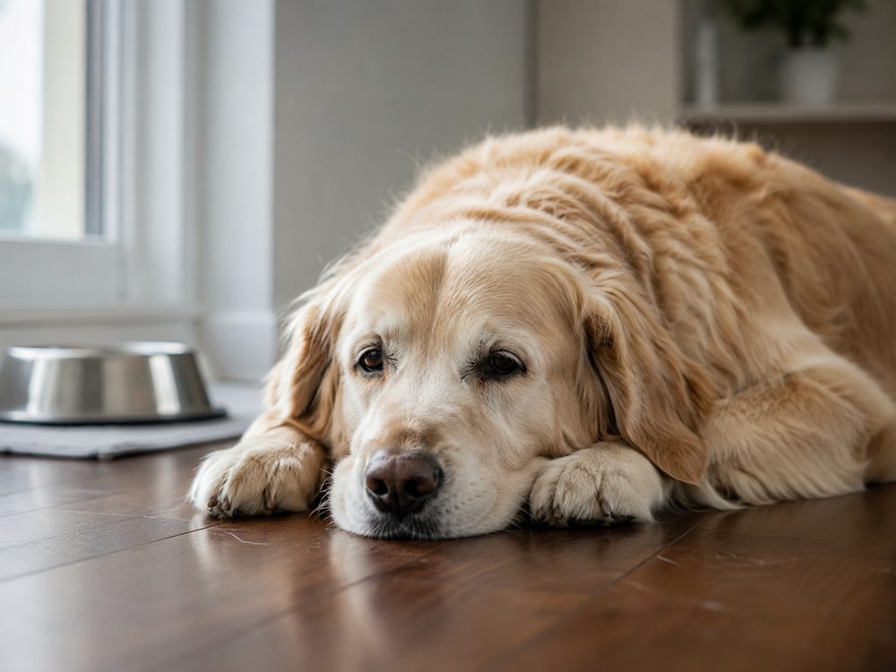 An older dog lying quietly on the floor beside a full food bowl