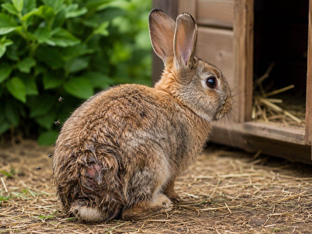 A rabbit outside its hutch with a damp, soiled back end and flies nearby, the conditions that lead to flystrike