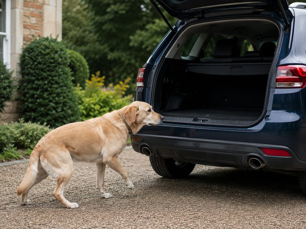 An older Labrador standing at an open car boot, hesitating before jumping in