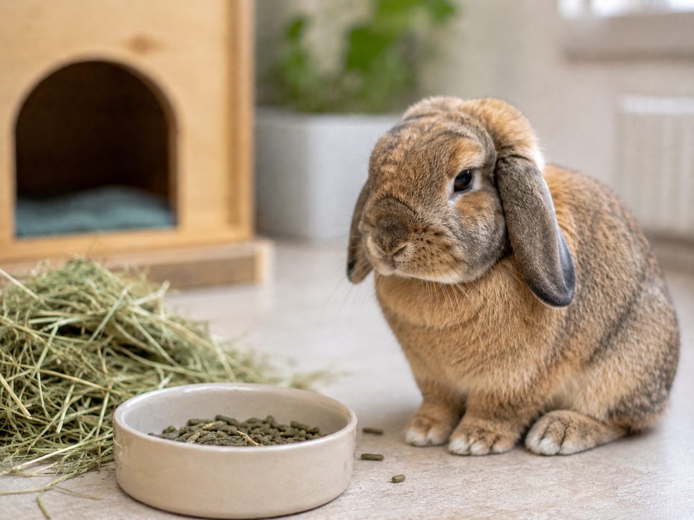 A lop rabbit sitting beside a bowl of food and hay, showing little interest